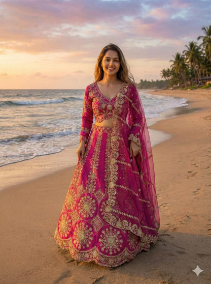 Mahira Dark Pink Two Tone Silk Thread & Coding Embroidered Lehenga Choli