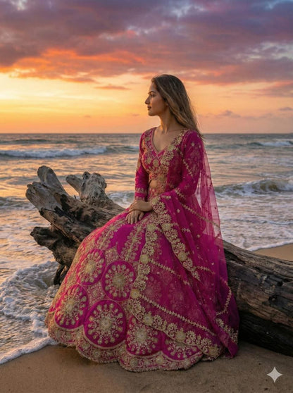 Mahira Dark Pink Two Tone Silk Thread & Coding Embroidered Lehenga Choli