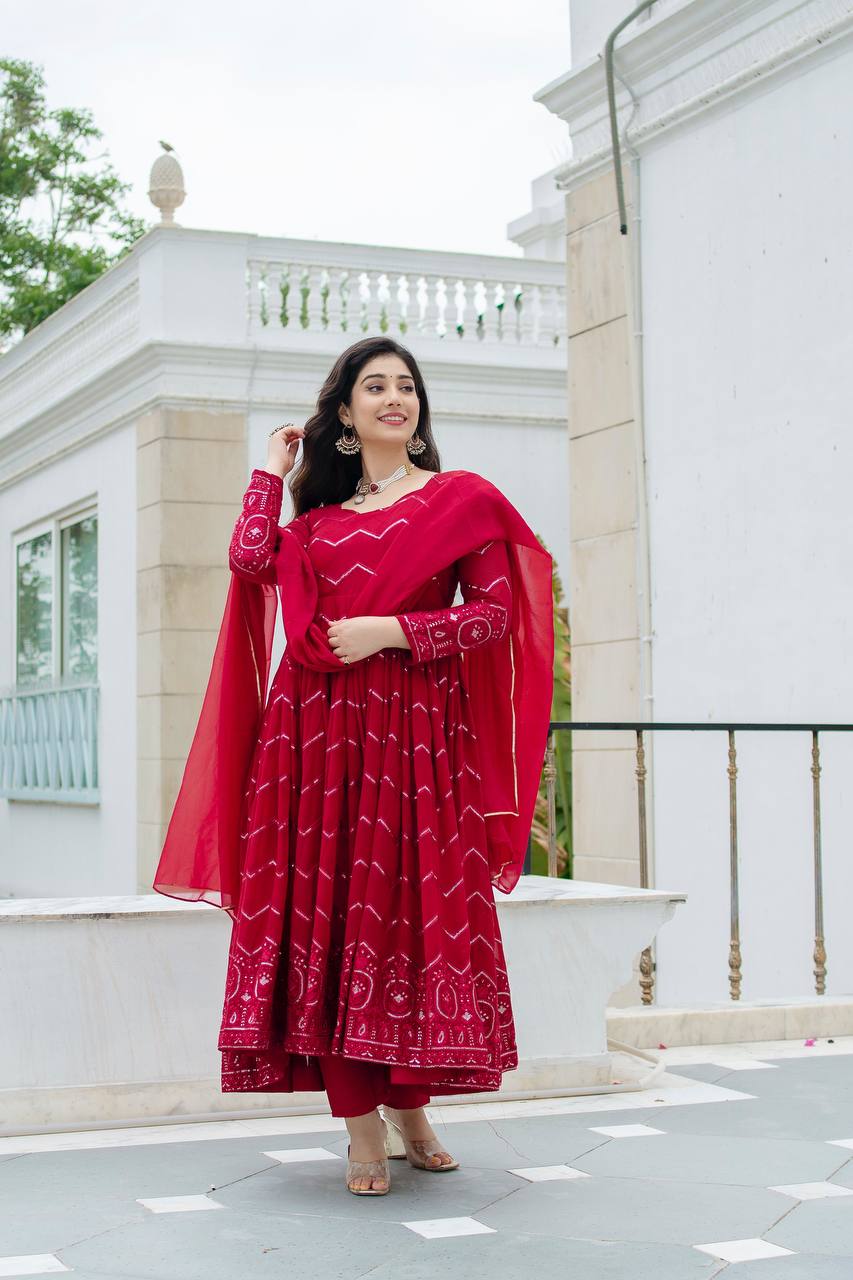 Royal Maroon Faux Georgette Designer Anarkali Suit with Thread-Sequins Embroidery