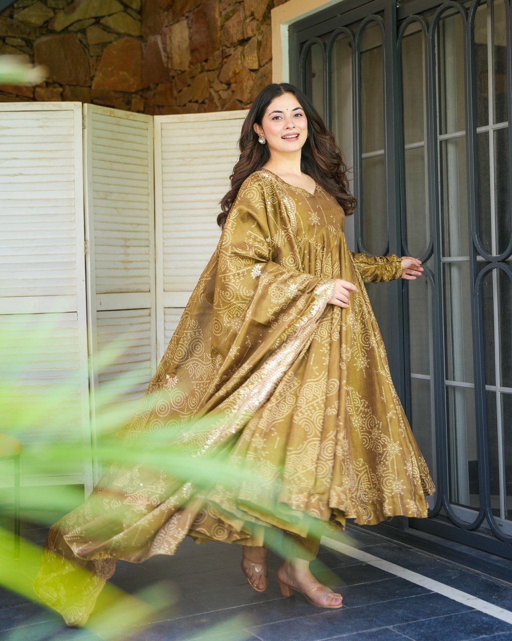 Bindiya Brown Bandhej Anarkali Suit Set