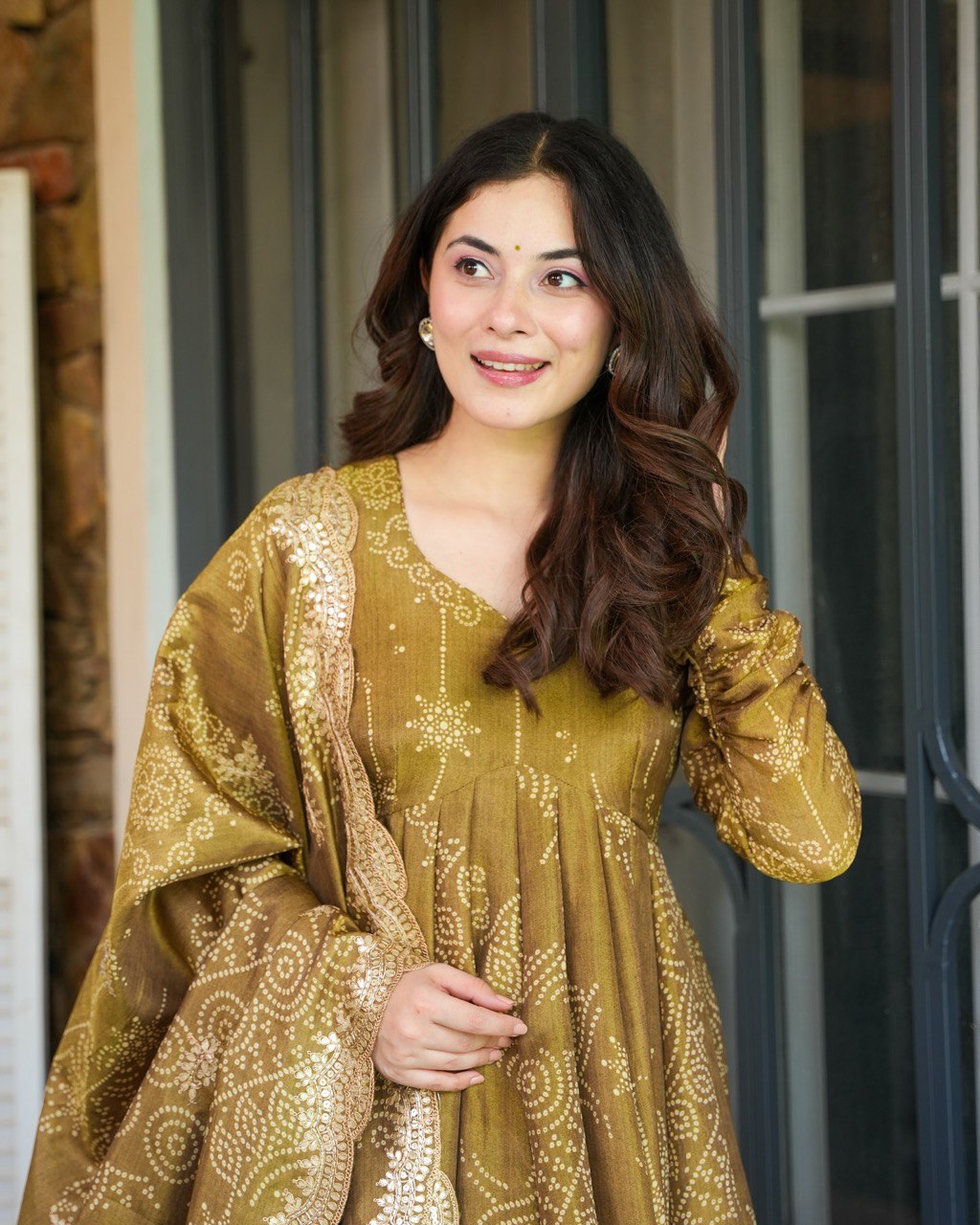 Bindiya Brown Bandhej Anarkali Suit Set