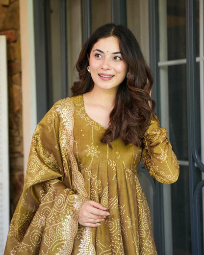 Bindiya Brown Bandhej Anarkali Suit Set