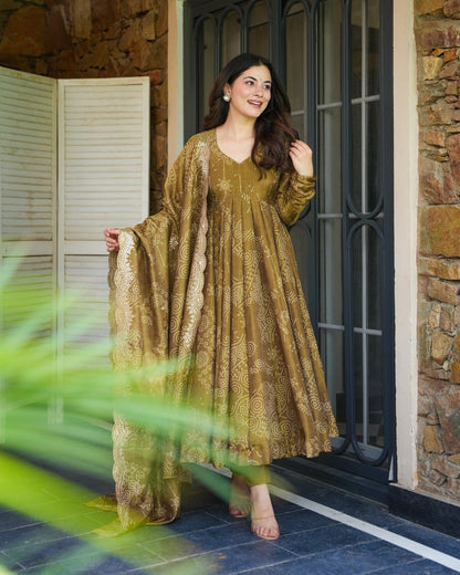 Bindiya Brown Bandhej Anarkali Suit Set