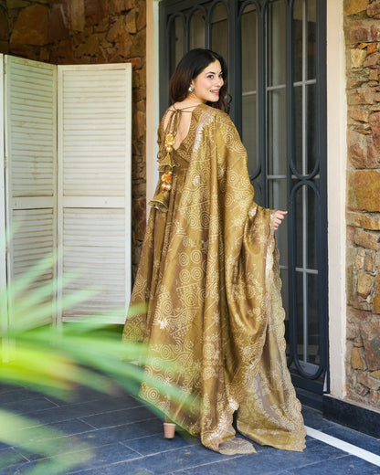 Bindiya Brown Bandhej Anarkali Suit Set