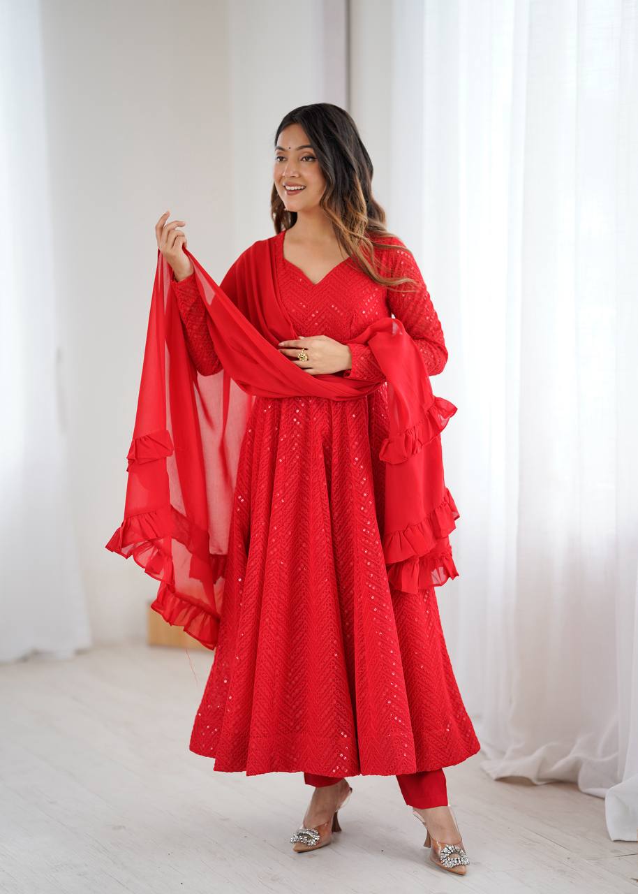 Rang-e-Laalima Red Lucknowi Georgette Anarkali Suit Set