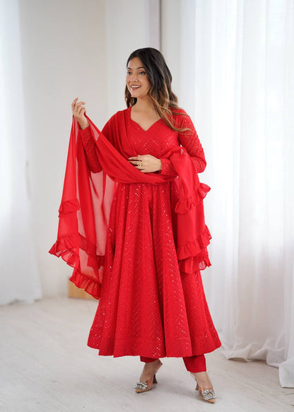 Rang-e-Laalima Red Lucknowi Georgette Anarkali Suit Set