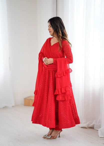 Rang-e-Laalima Red Lucknowi Georgette Anarkali Suit Set