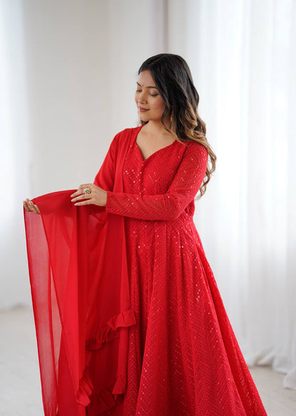 Rang-e-Laalima Red Lucknowi Georgette Anarkali Suit Set