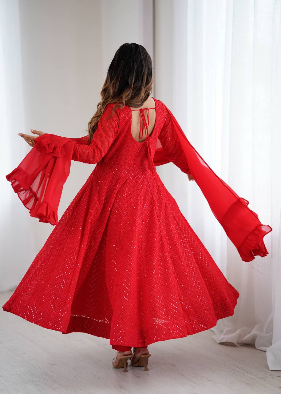 Rang-e-Laalima Red Lucknowi Georgette Anarkali Suit Set