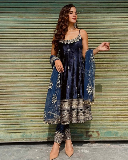 Reyona Deep Blue Codding Embroidery Gown Set