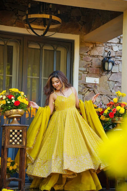 Vaidehi Yellow Organza Zari Sequins Embroidered Gown Sharara Set