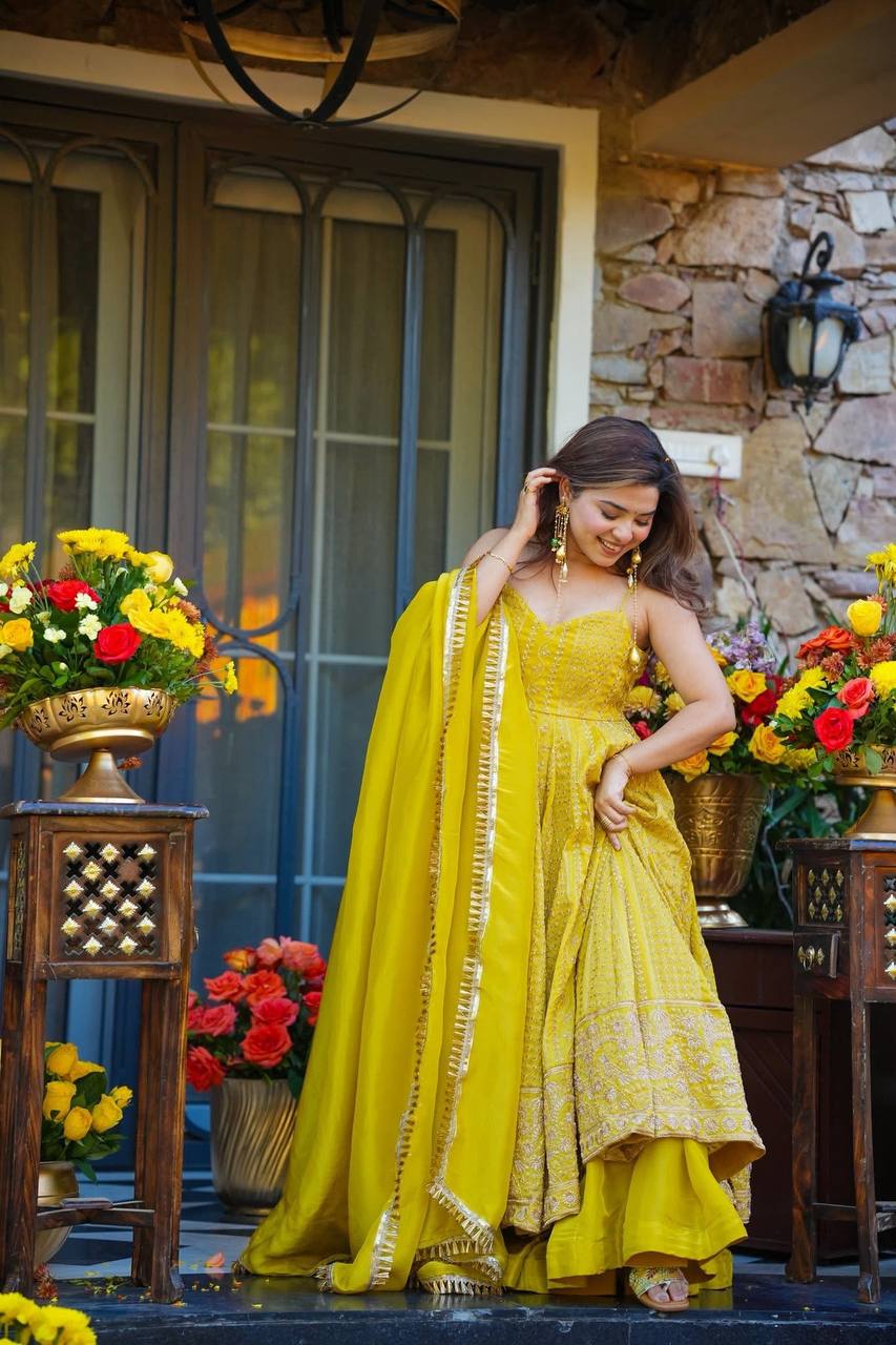 Vaidehi Yellow Organza Zari Sequins Embroidered Gown Sharara Set