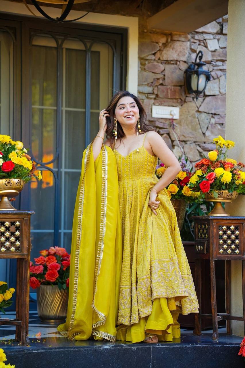 Vaidehi Yellow Organza Zari Sequins Embroidered Gown Sharara Set