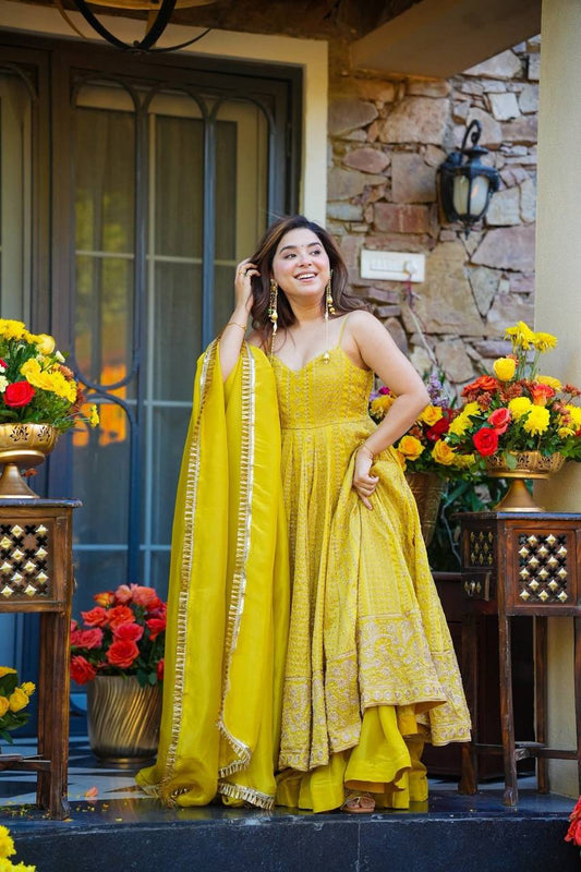 Vaidehi Yellow Organza Zari Sequins Embroidered Gown Sharara Set