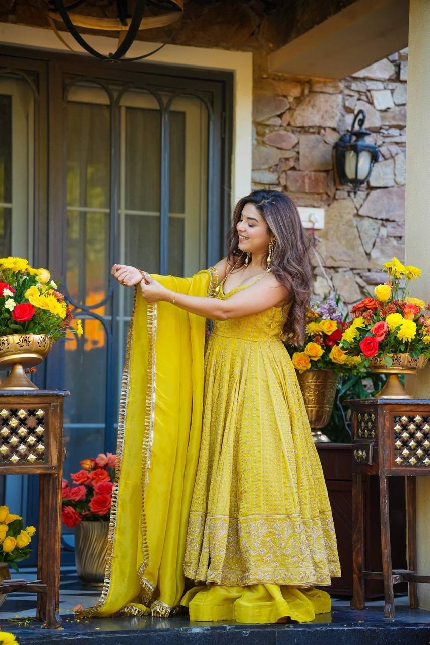 Vaidehi Yellow Organza Zari Sequins Embroidered Gown Sharara Set