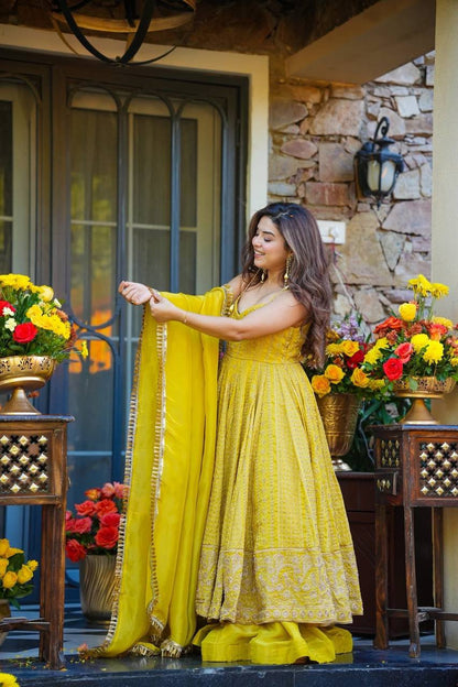 Vaidehi Yellow Organza Zari Sequins Embroidered Gown Sharara Set