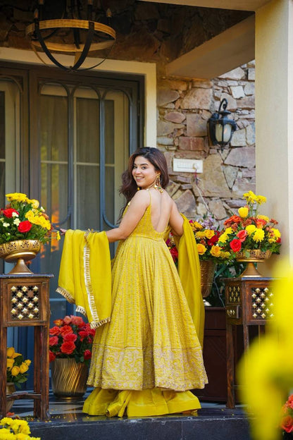 Vaidehi Yellow Organza Zari Sequins Embroidered Gown Sharara Set