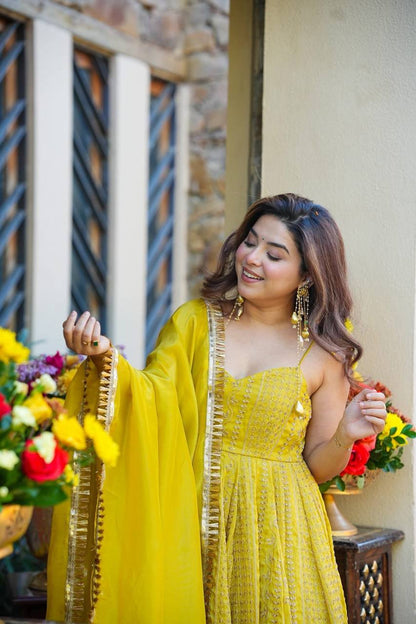 Vaidehi Yellow Organza Zari Sequins Embroidered Gown Sharara Set