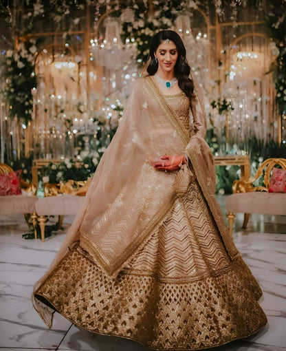 Rajeshwari Antique Gold Slub Silk Zari Dori & Heavy Sequins Bridal Lehenga Choli