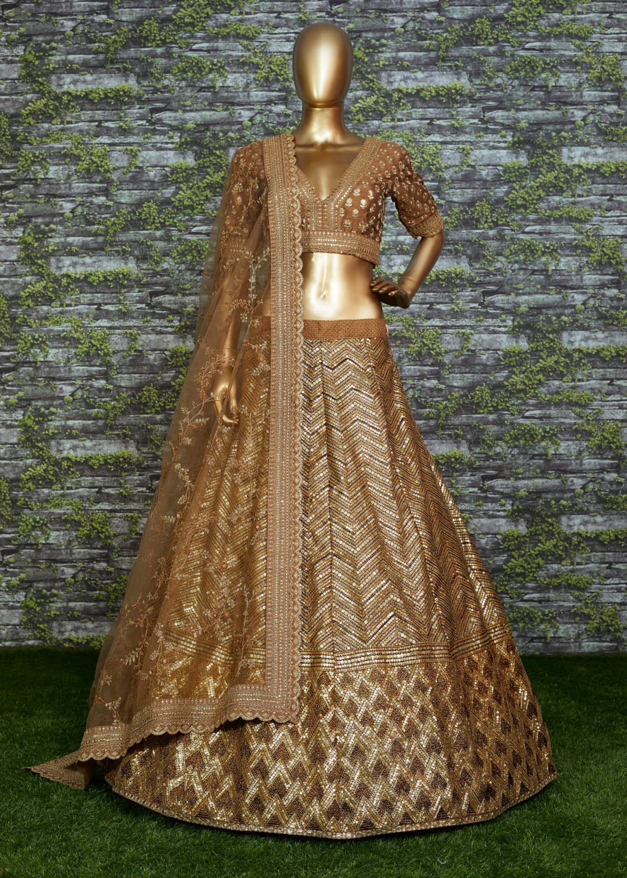 Rajeshwari Antique Gold Slub Silk Zari Dori & Heavy Sequins Bridal Lehenga Choli