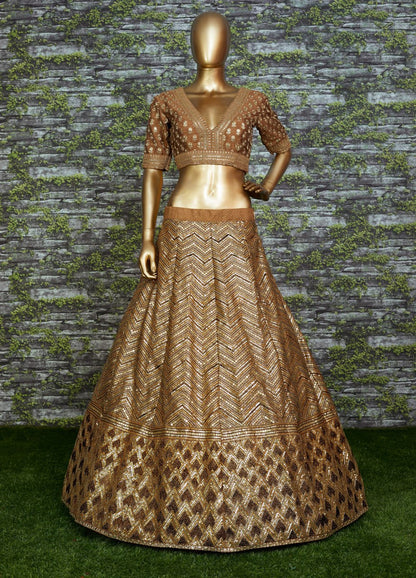 Rajeshwari Antique Gold Slub Silk Zari Dori & Heavy Sequins Bridal Lehenga Choli