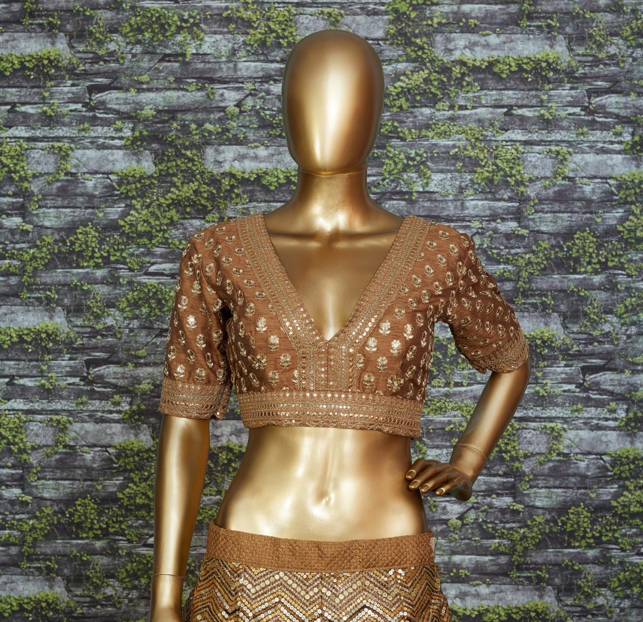 Rajeshwari Antique Gold Slub Silk Zari Dori & Heavy Sequins Bridal Lehenga Choli