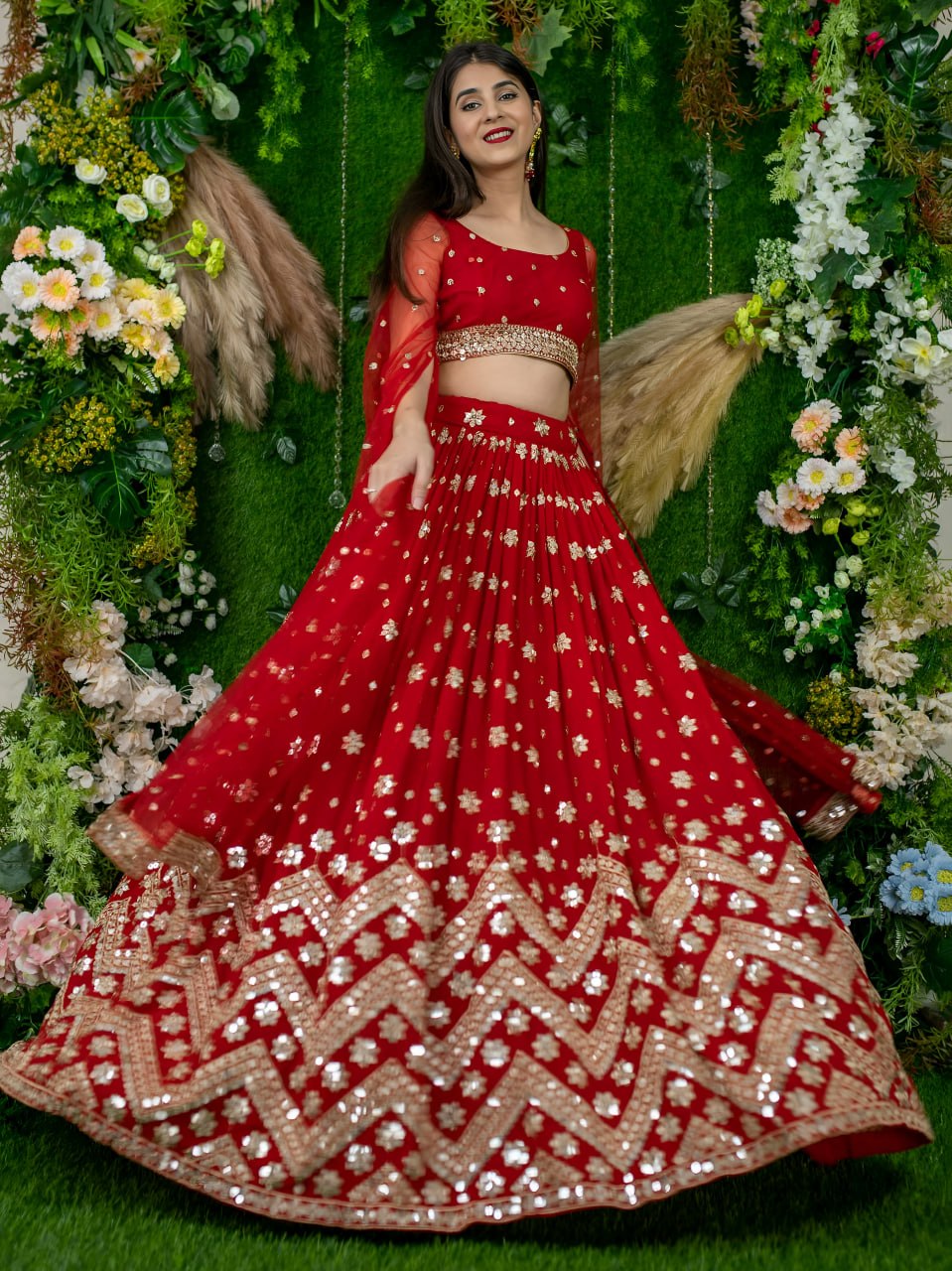 Padmavati Red Georgette Sitara Zari & Sequins Embroidered Lehenga Choli