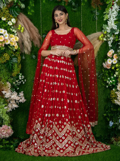 Padmavati Red Georgette Sitara Zari & Sequins Embroidered Lehenga Choli