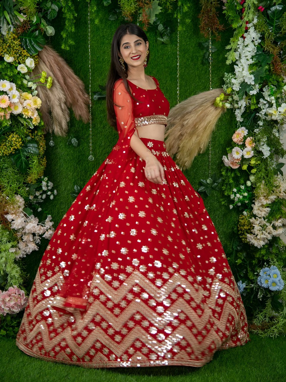 Padmavati Red Georgette Sitara Zari & Sequins Embroidered Lehenga Choli