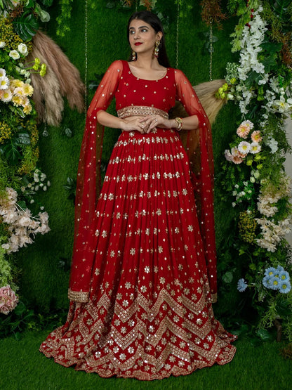 Padmavati Red Georgette Sitara Zari & Sequins Embroidered Lehenga Choli
