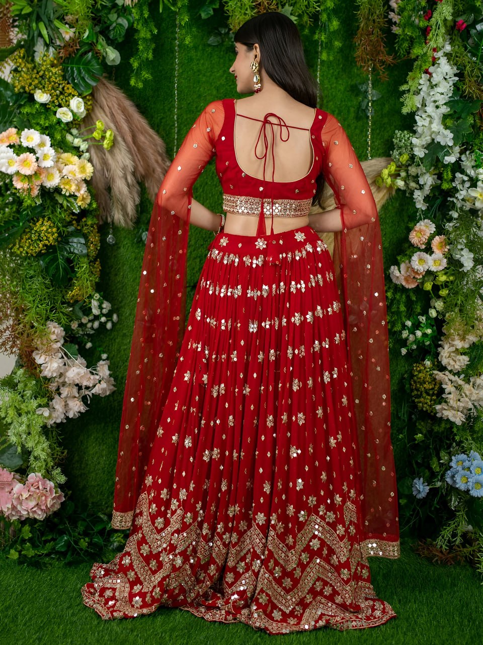 Padmavati Red Georgette Sitara Zari & Sequins Embroidered Lehenga Choli