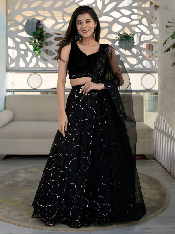Trishika Black Organza Net Sequins And Thread Embroidered Lehenga Choli