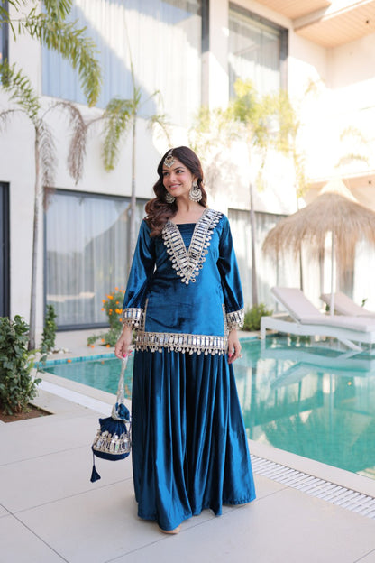 Zivara Blue Ice Velvet Mirror Work Top Palazzo Set with Batwa