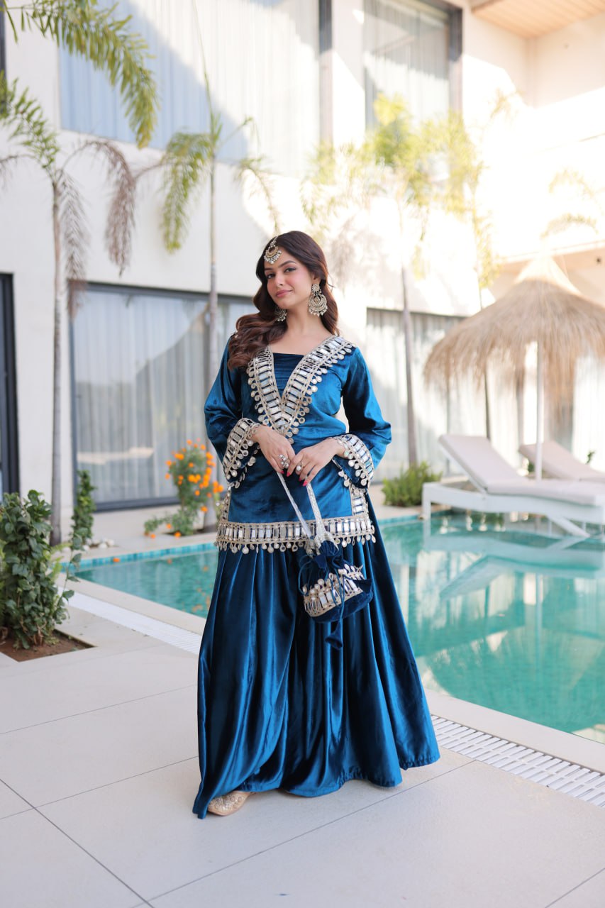 Zivara Blue Ice Velvet Mirror Work Top Palazzo Set with Batwa