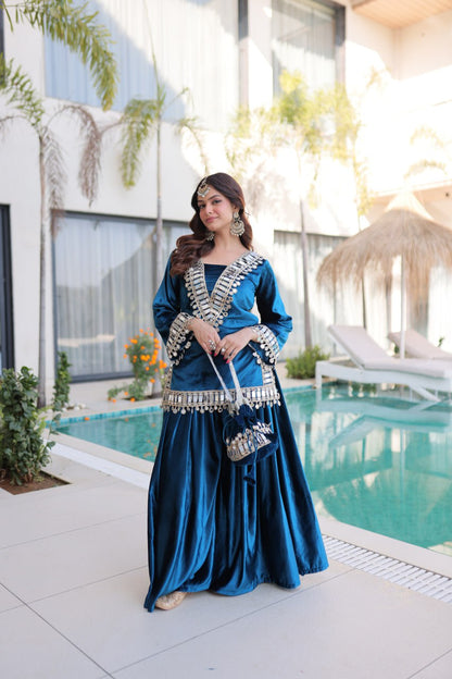 Zivara Blue Ice Velvet Mirror Work Top Palazzo Set with Batwa