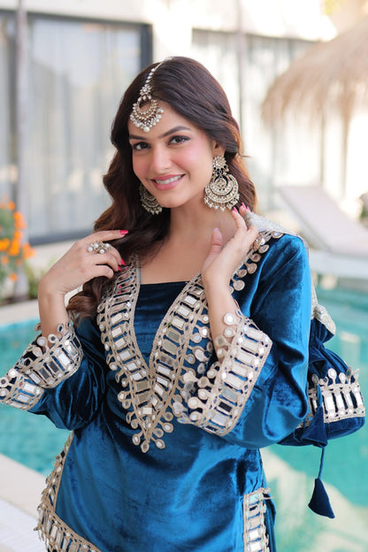 Zivara Blue Ice Velvet Mirror Work Top Palazzo Set with Batwa