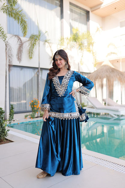 Zivara Blue Ice Velvet Mirror Work Top Palazzo Set with Batwa
