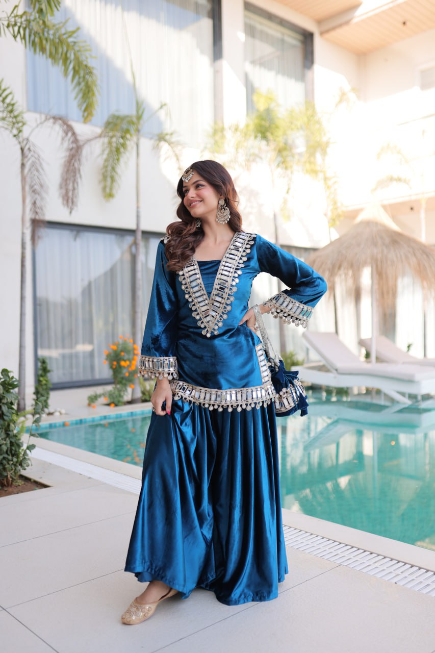 Zivara Blue Ice Velvet Mirror Work Top Palazzo Set with Batwa