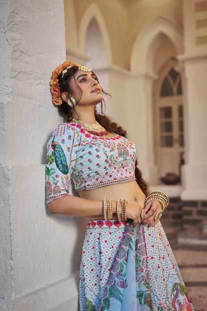 Chayika Powder Blue Art Silk Lehenga Choli with Organza Dupatta