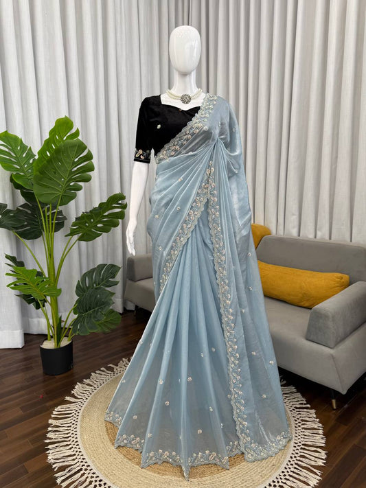Rimjhim Sky Blue Fendy Silk Designer Saree with Black Velvet Blouse