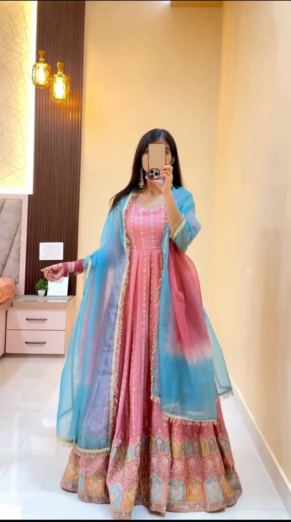 Elira Pink Chinon Silk Anarkali Set
