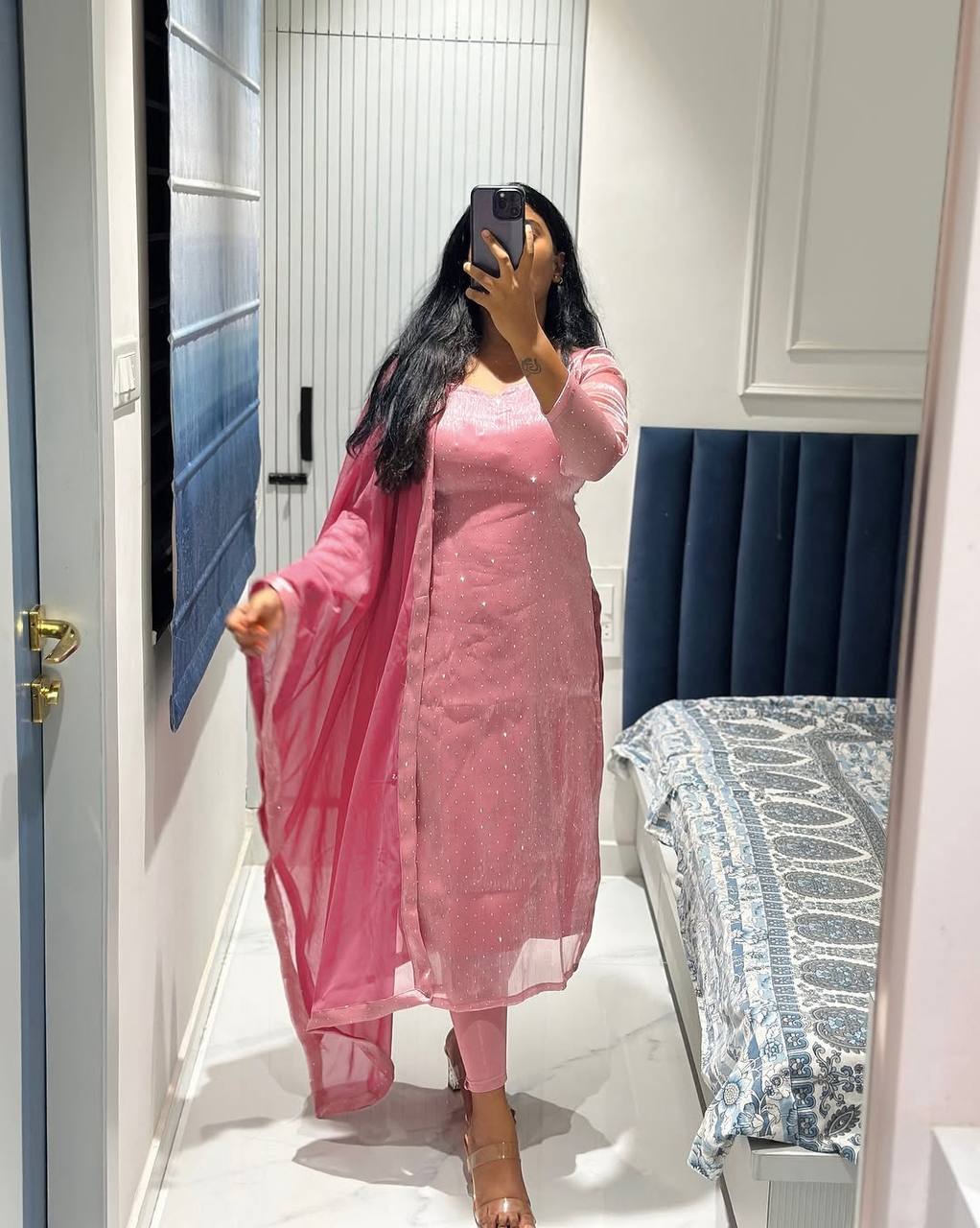 Aurelle Light Pink Barbari Silk Top Pant Set