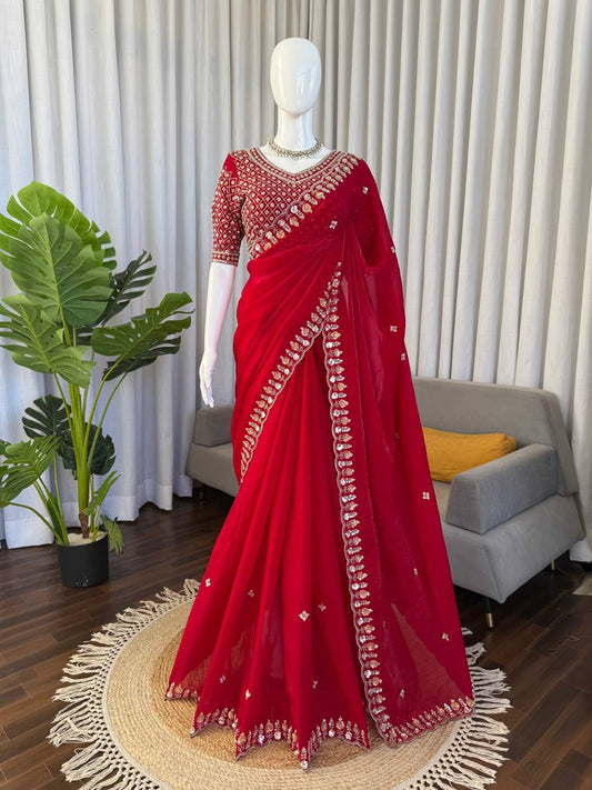 Ishani Red Fendy Silk Designer Saree with Heavy Beads Work