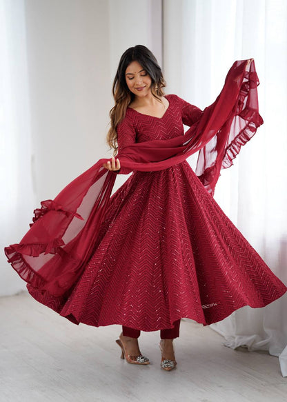 Rang-e-Nazakat Maroon Lucknowi Georgette Anarkali Suit Set