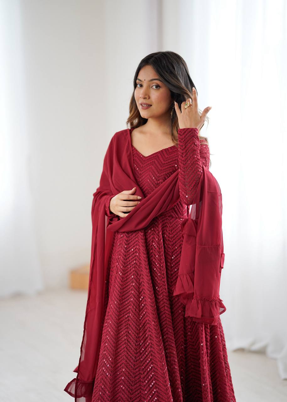 Rang-e-Nazakat Maroon Lucknowi Georgette Anarkali Suit Set