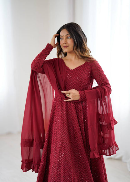 Rang-e-Nazakat Maroon Lucknowi Georgette Anarkali Suit Set