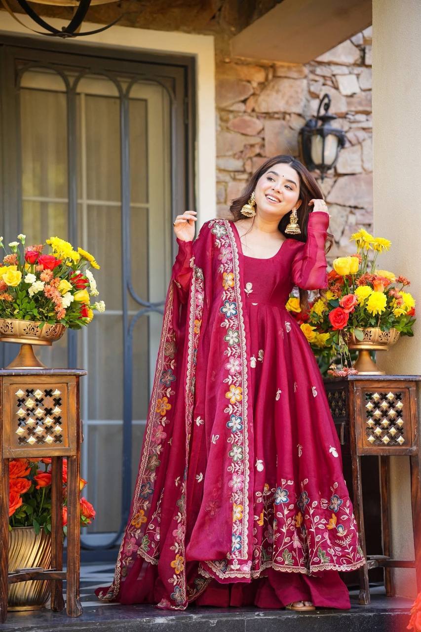 Anaya Maroon Heavy Gmy Silk Anarkali Palazzo Set
