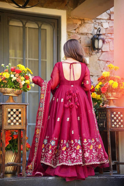 Anaya Maroon Heavy Gmy Silk Anarkali Palazzo Set