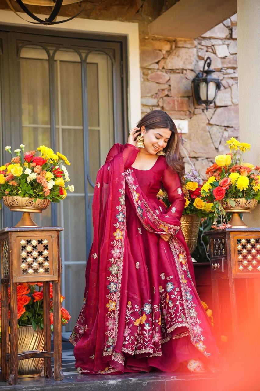 Anaya Maroon Heavy Gmy Silk Anarkali Palazzo Set