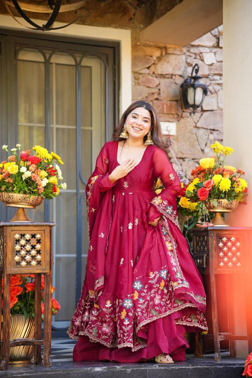 Anaya Maroon Heavy Gmy Silk Anarkali Palazzo Set